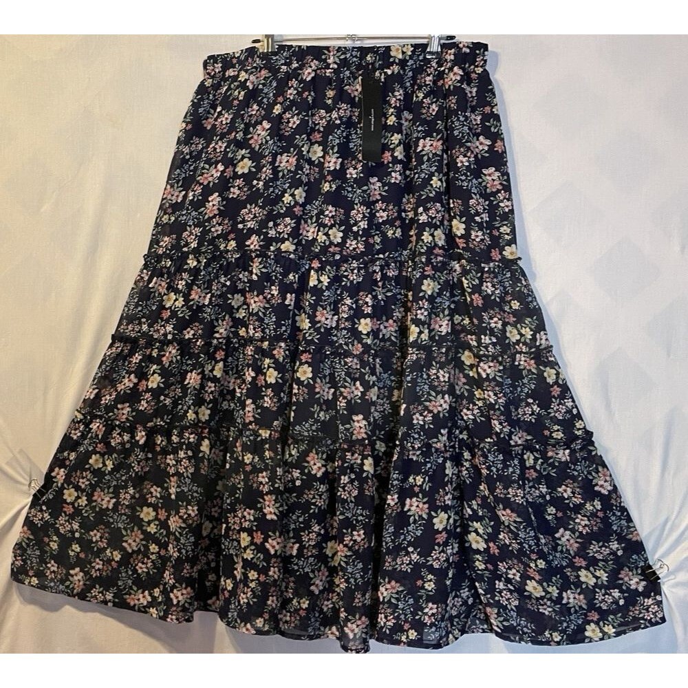 Allegra K Navy Blue Ditzy Floral Print Full Tiered Skirt Womens L Cottagecore